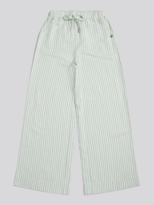 Womens Linen Stripe Drawstring Wide Leg Trousers Misty Jade