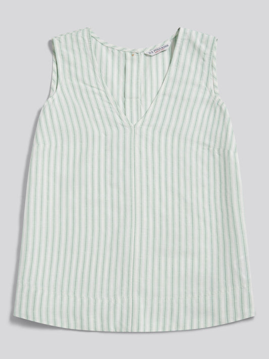 Womens Linen Blend Stripe V-Neck Shell Top Misty Jade