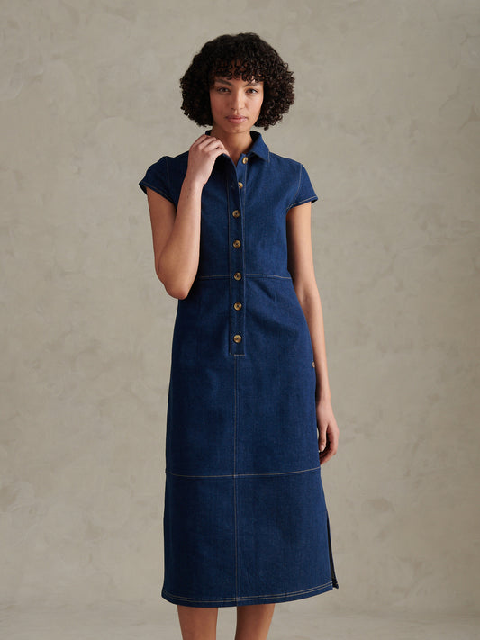 Womens Denim Midi Shirt Dress Mid Wash