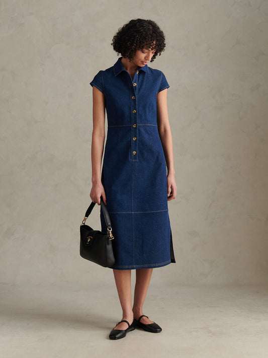 Womens Denim Midi Shirt Dress Mid Wash