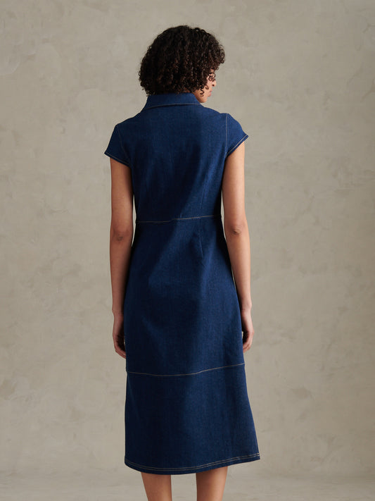 Womens Denim Midi Shirt Dress Mid Wash