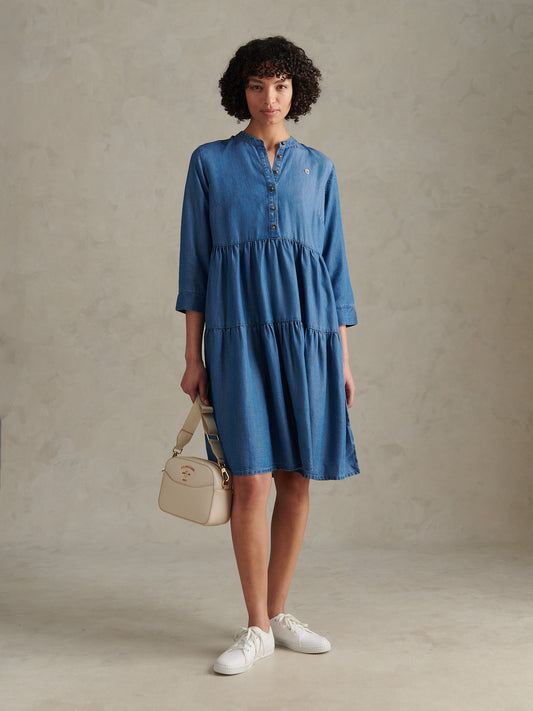 Womens Chambray Mini Tiered Smock Dress Light Blue Chambray