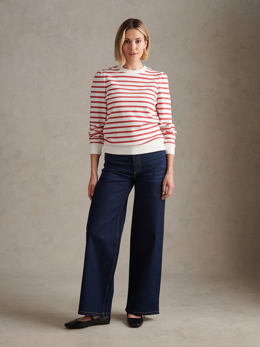 Womens Puff Sleeve Stripe Sweatshirt Mineral Red