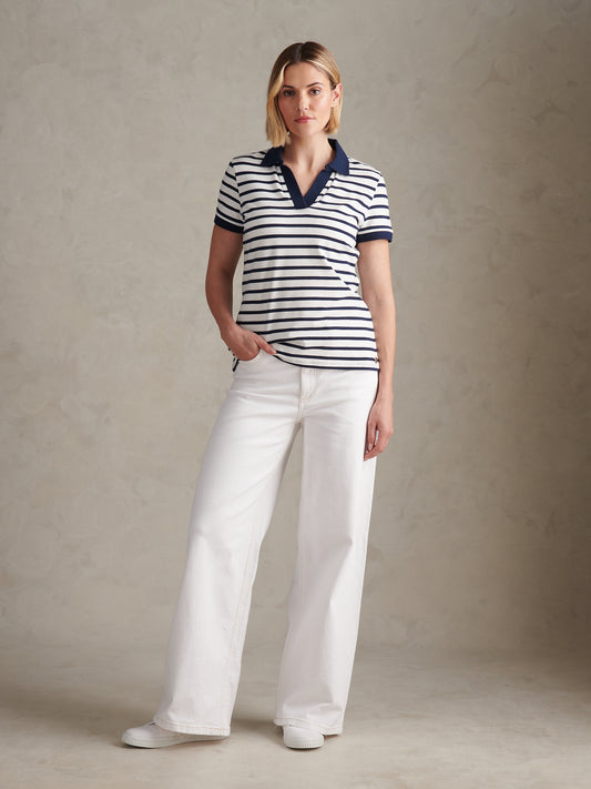 Womens Luxury Stripe Polo Top Marshmallow