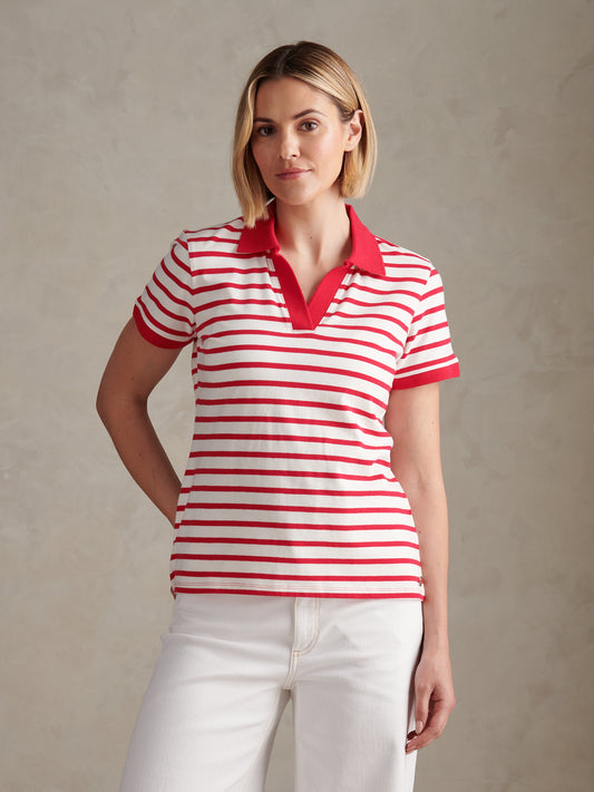 Womens Luxury Stripe Polo Top Jalapeno Red