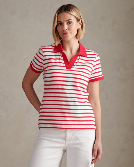 Womens Luxury Stripe Polo Top Jalapeno Red