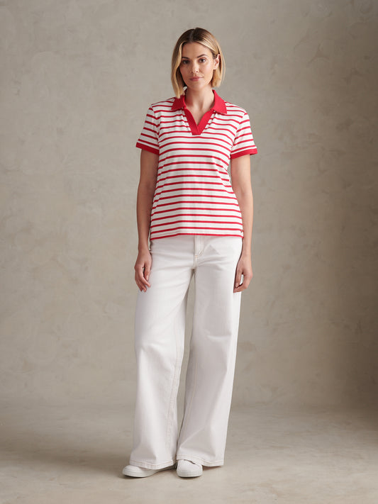 Womens Luxury Stripe Polo Top Jalapeno Red