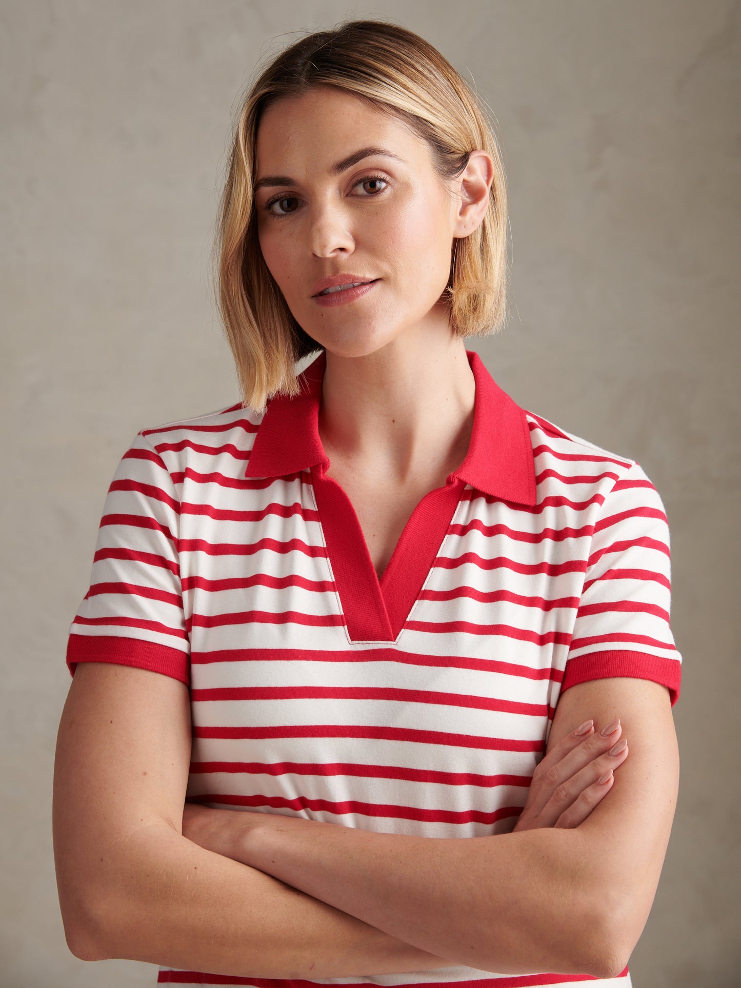 Womens Luxury Stripe Polo Top Jalapeno Red