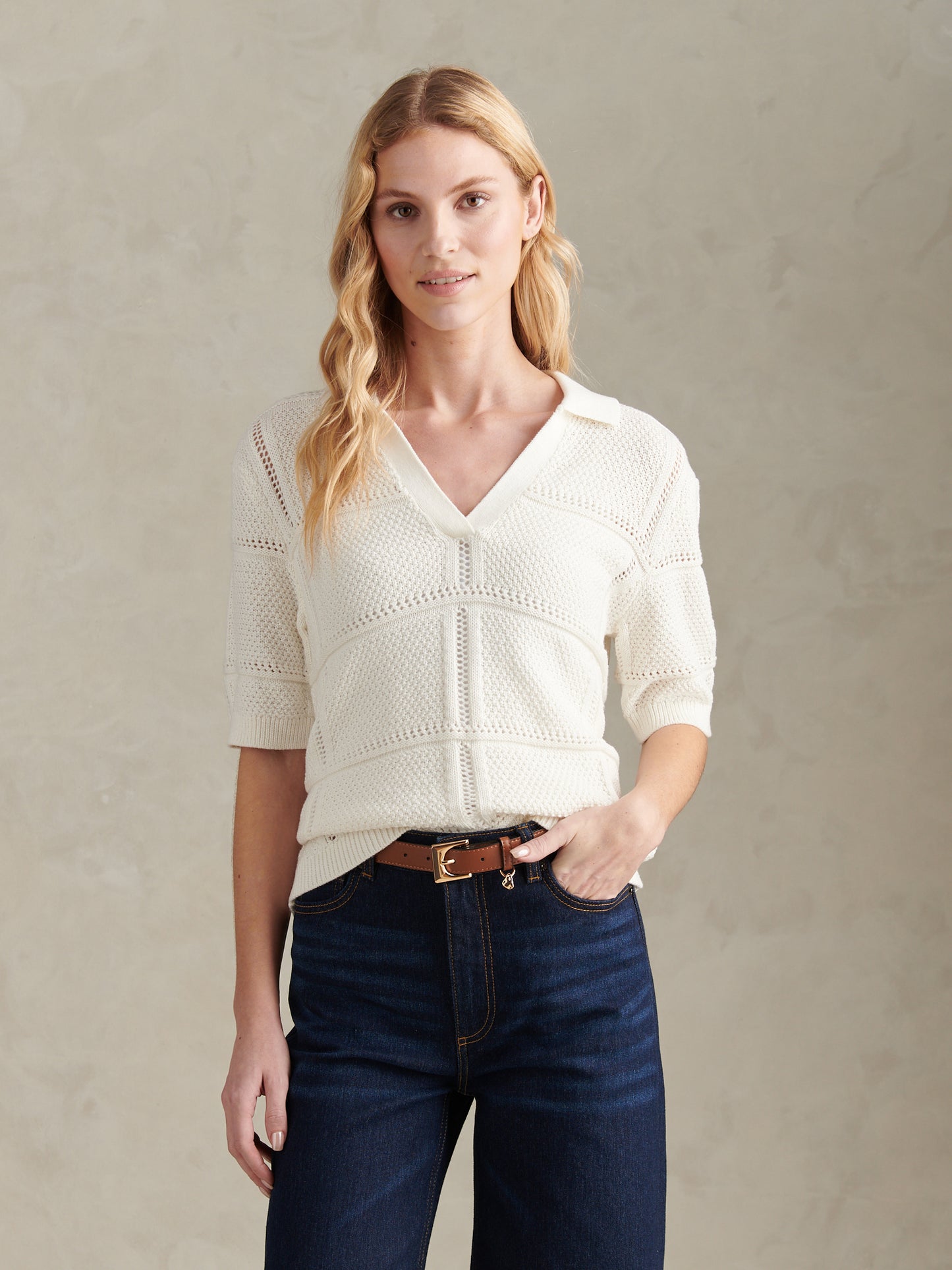 Womens Crochet Knit Polo Shirt Marshmallow