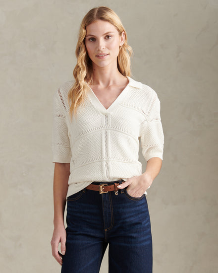 Womens Crochet Knit Polo Shirt Marshmallow