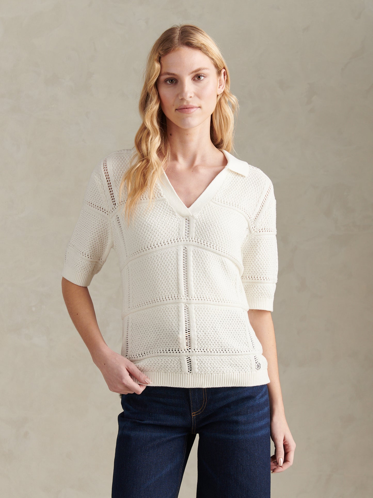 Womens Crochet Knit Polo Shirt Marshmallow