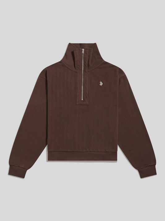 Womens Herringbone Twill Quarter Zip Sweat Coffee Bean