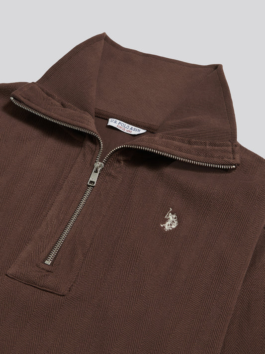 Womens Herringbone Twill Quarter Zip Sweat Coffee Bean