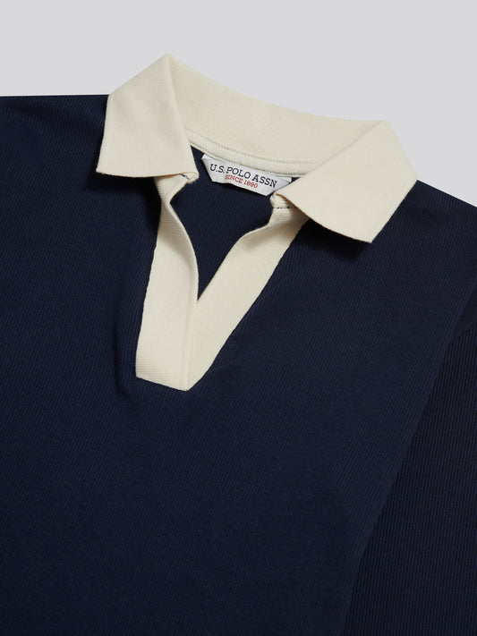 Womens Contrast Collar Long Sleeve Polo Shirt Navy Iris